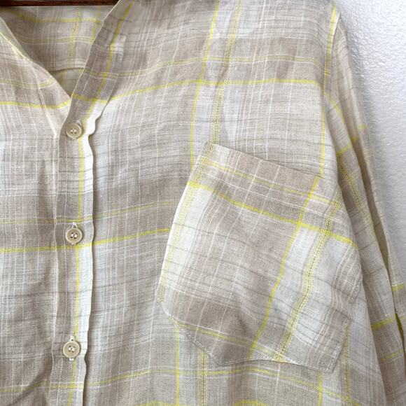 CP SHADES Top 100% Linen Button Front Women Medium Jay Shirt Roll Tab Soft Plaid - Picture 3 of 11